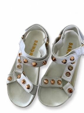 Sandro White Leather Sandals with Gold Stud Accents size 9